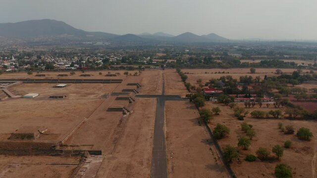 High angle view of Avenue of Dead in Teotihuacan complex in Mexico Valley. The Avenue of the Dead was the main street of Teotihuacan dividing the Moon Pyramid and the Citadel complex