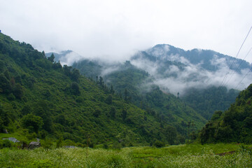 Fototapeta na wymiar Beautiful green mountain and fog in monsoon rainy season in himachal pradesh, India