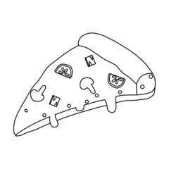 Black and white vector illustration of pizza slice with mushrooms and tomato topping