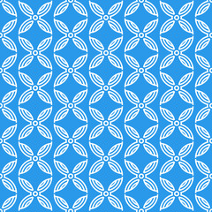 Seamless pattern of geometric flower shaped figures. Round circle vector icons white on blue background. Branding logotype design element for corporate style design