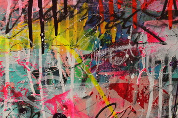 Abstract acrylic painting featuring a wall graffiti look with writing for backgrounds. - obrazy, fototapety, plakaty