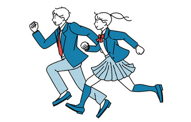 制服を着て走る男女の高校生または中学生のシンプルイラスト