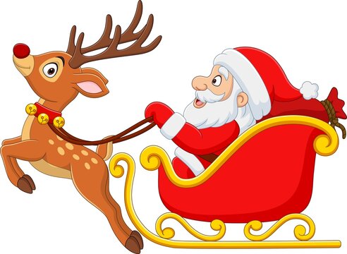 Christmas cartoon santa with reindeer sleigh 