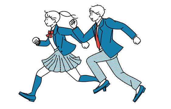 制服を着て走る男女の高校生または中学生のシンプルイラスト
