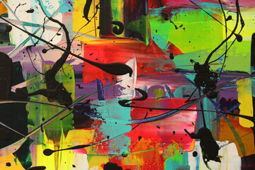 Fototapeta premium Dramatic abstract painting with layers of vivid colors and black splatters for backgrounds.