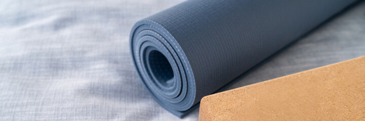 Yoga mat organic materials accessories for yoga - linen towel on floor, mala beaded bracelet for...