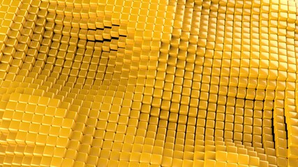 Fototapeta premium Abstract background with waves made of a lot of yellow cubes geometry primitive forms that goes up and down under black-white lighting. 3D illustration. 3D CG. High resolution.