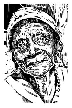 African woman hand-drawn photo. illustration of pencil portrait of old woman.