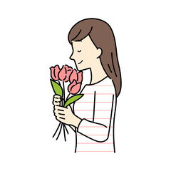 Illustration of a woman holding a flower, upper body.