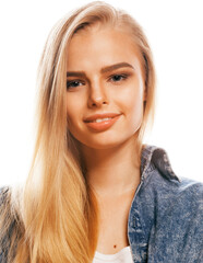 young blond woman on white backgroung gesture thumbs up, isolated emotional posing close up