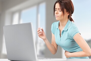 Flatulence young woman, girl hand in stomach ache, suffer from food poisoning, abdominal pain