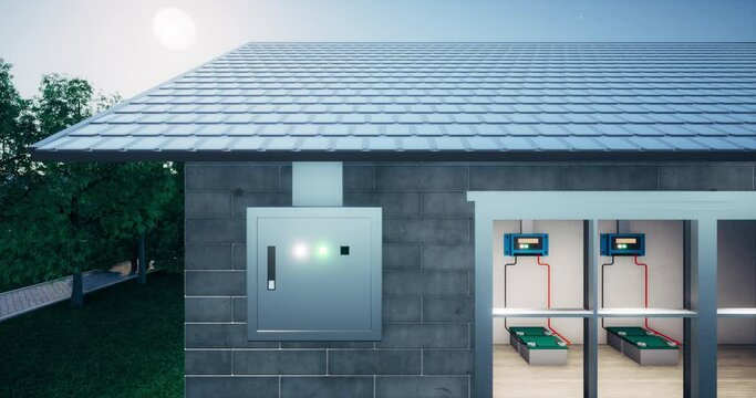 3d rendering of eco house building and green power energy consist of solar or photovoltaic shingles, electrical cabinet and battery charger. System technology to supply electrical power at night.
