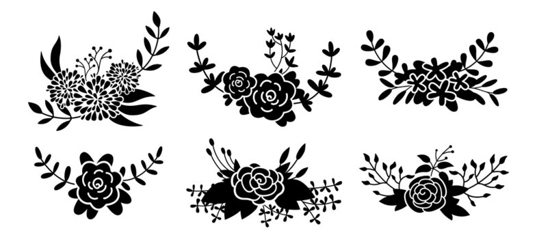 Floral composition set, flower branch black glyph. Abstract silhouette beautiful floral design elements. cartoon eco collection. Engravings isolated flowers. Vector illustration