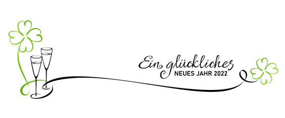 Fototapeta Neujahr Gruß 2022 Banner - Sekt und Klee, stilisiert mit Kalligraphie obraz