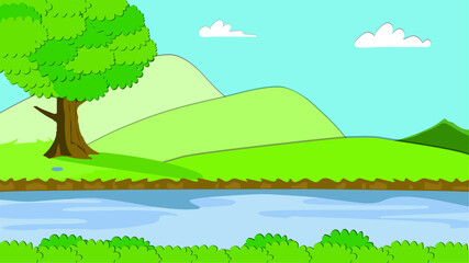green mountain and river concept of paper art style vector 