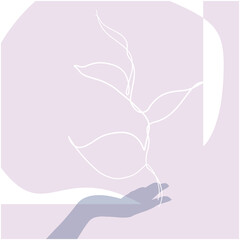 illustration of a pink background with a hand and leaves