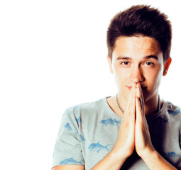 young attractive man isolated thinking emotional on white close up gesturing smiling, lifestyle people concept