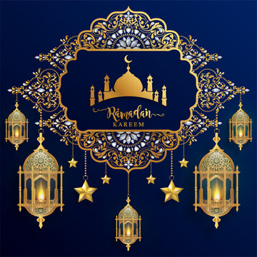 Ramadan Kareem, Ramadhan or Eid mubarak by Muslims greeting background Islamic with gold patterned and crystals on paper color background.( Translation : Ramadan Kareem )