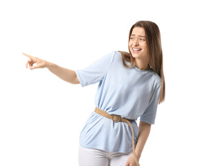Young gossiping woman on white background