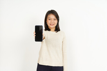 Showing on Blank Smartphone Screen of Beautiful Asian Woman Isolated On White Background
