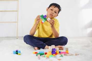 Boy feel bored and playing colorful brikcs and toy alone at home. 