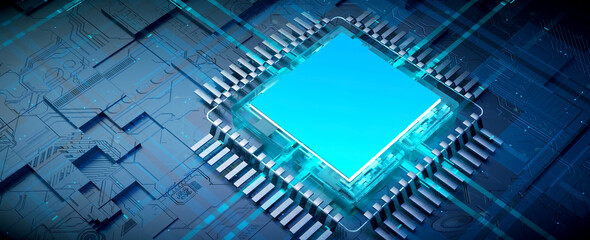 3D rendering of cyberpunk AI. Circuit board. Technology background. Central Computer Processors CPU and GPU concept. Motherboard digital chip. 