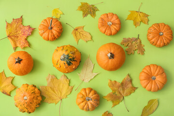 Ripe beautiful pumpkins and fallen leaves on green background