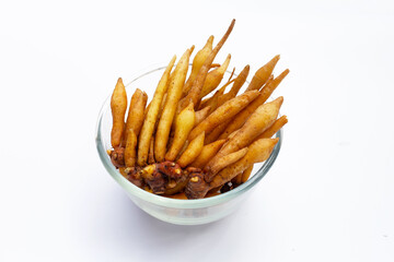 Finger root in glass bowl on white background.