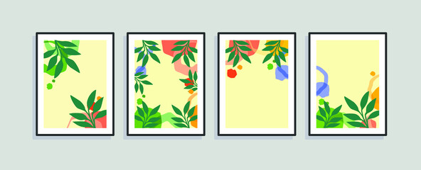 Set of four wall art, canvas painting for the rooms. Tropical background with leaves. Summer poster element for interior design of office, dinning, and bed room . 