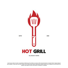 Creative hot grill logo design. spatula with flame vector 