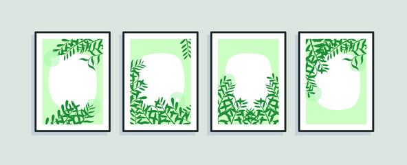 Set of four wall art, canvas painting for the rooms. Tropical background with leaves. Summer poster element for interior design of office, dinning, and bed room . 