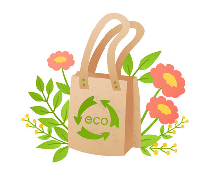 Eco fabric shopping bag. Zero Waste reusable recycle cotton shopper sack cloth. Ecology protection, go green lifestyle no plastic. Care about the Environment. Vector illustration with flowers branches