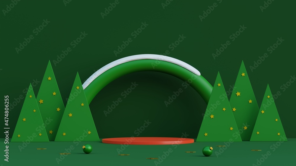 Fototapete Minimal scene with red cylinder podium and pine trees on midnight green background.Merry christmas and happy new year presentation.3d rendering illustration.