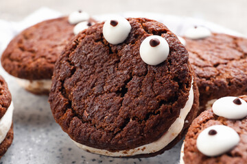 Funny cookies for Halloween on table, closeup
