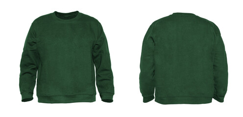 Blank sweatshirt color green on invisible mannequin template front and back view on white background
