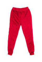 Blank training jogger pants color red on invisible mannequin template front view on white...