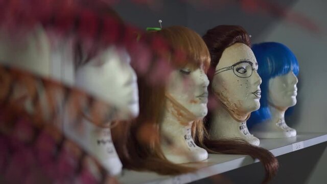 Close-up mannequin heads with makeup faces in row on shelf of dressing room,blue,brown,red wigs of various haircuts and hairstyles,colorful feathers.Camera switching between foreground and background.