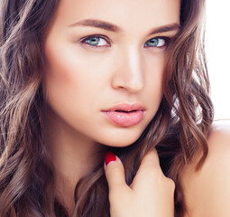 young sweet brunette woman close up isolated on white background, perfect pure innocense beautiful