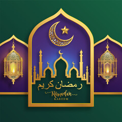 Ramadan Kareem, Ramadhan or Eid mubarak by Muslims greeting background Islamic with gold patterned and crystals on paper color background.( Translation : Ramadan Kareem )