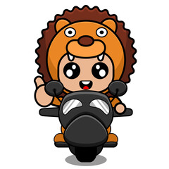 vector illustration of cute animal mascot costume character lion hat riding a motorcycle