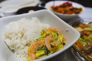 Popular chinese food Rice with Shrimp omelet