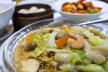 Popular chinese food seafood fired noodle