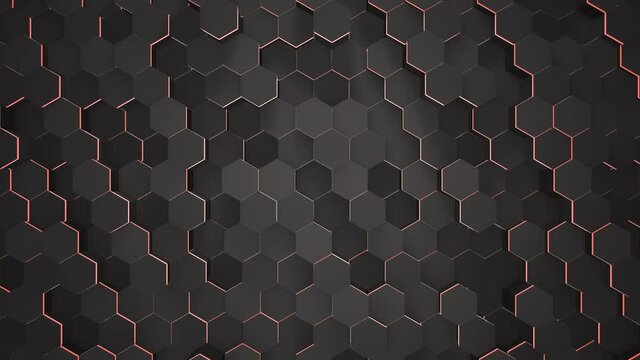 Dark small black hex grid pattern and neon light, abstract business, corporate and futuristic style background