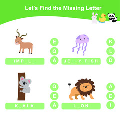 Obraz na płótnie Canvas Find the missing letter of the animals game for Preschool. Educational spelling printable game worksheet. Early education materials. Vector illustration.