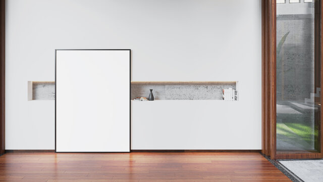 Blank photo frame in livingroom interior, on wooden wall, 3d rendering Premium Photo
