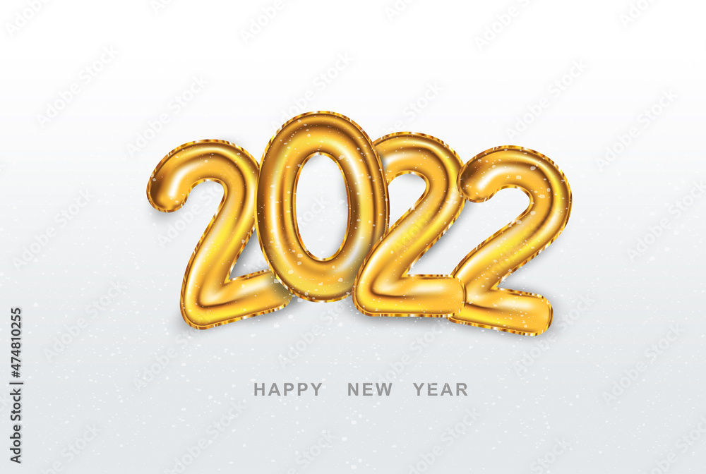 Aufkleber Poster New Year 2022 with golden balloons foil on white background with snow. Holiday Xmas and Happy New Year poster. 2022 Merry Christmas with 3D realistic Golden Numbers on snow. Vector