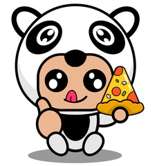 vector illustration of cartoon character cute panda animal mascot costume eating pizza