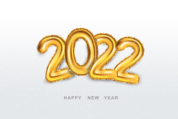 Poster New Year 2022 with golden balloons foil on white background with snow. Holiday Xmas and Happy New Year poster. 2022 Merry Christmas with 3D realistic Golden Numbers on snow. Vector