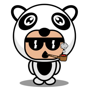 cartoon vector illustration of cute panda animal mascot costume character smoking