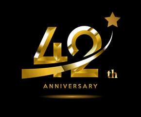 Golden 42 year anniversary celebration logo design with star symbol	 - obrazy, fototapety, plakaty
